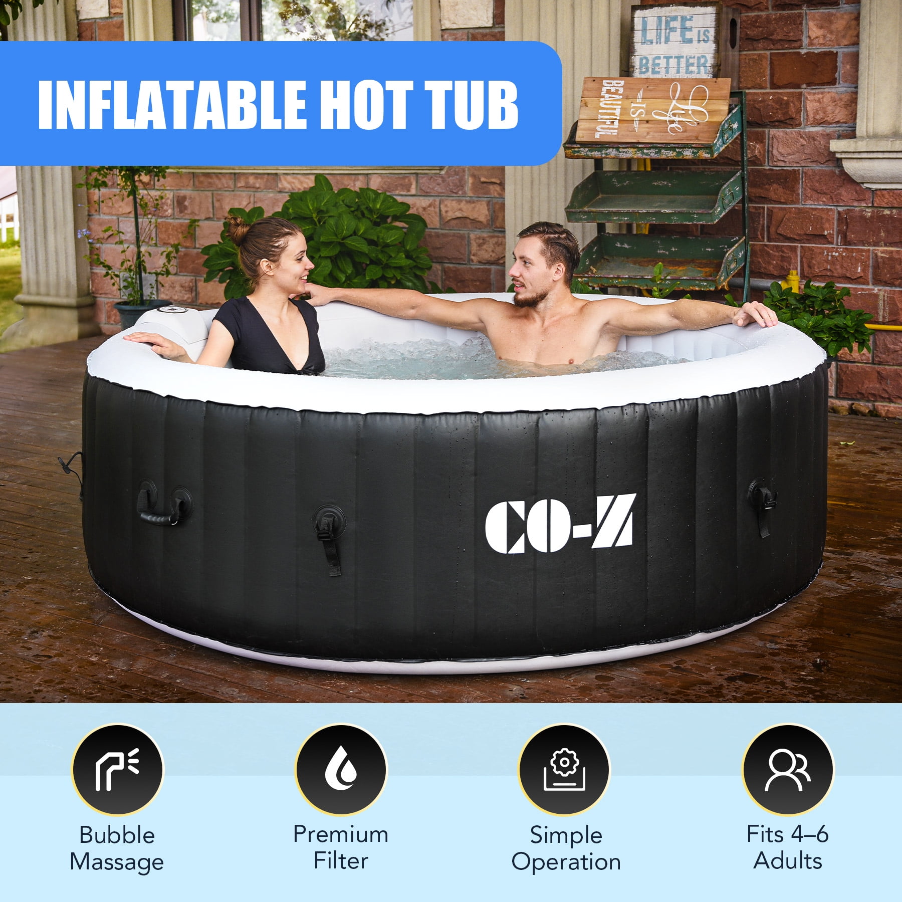 Outdoor Above Ground Pool with Electric Air Pump Backyard CO-Z Inflatable Hot Tub with Cover 6 Person Blow Up Portable Hot Tub with 140 Bubble Jets for Patio 