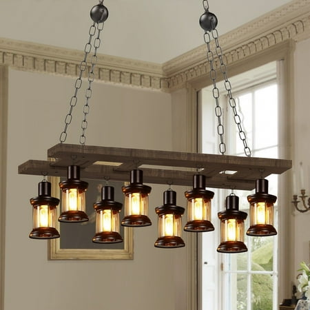 

AFANQI Wood Farmhouse Chandelier 8-Light Adjustable Retro Island Light Industrial Pendant Light for Kitchen Island Dining Room Living Room