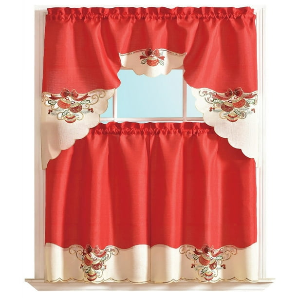 Decor Embroidered Design Kitchen Curtain Swag Tier Set 36 Inch Red Com Kitchen Curtain Swag Tier Set 36 Inch, Red Swag Kitchen Curtains