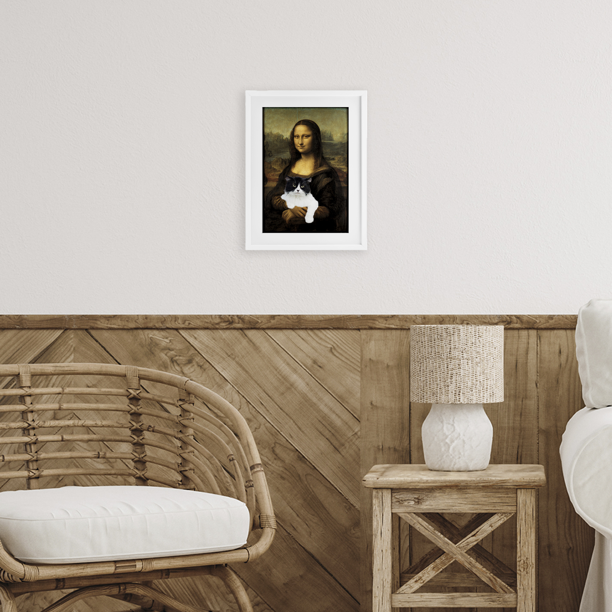 Mona Lisa Cat Lady White Framed Print Under Glass, design by Masters Redux