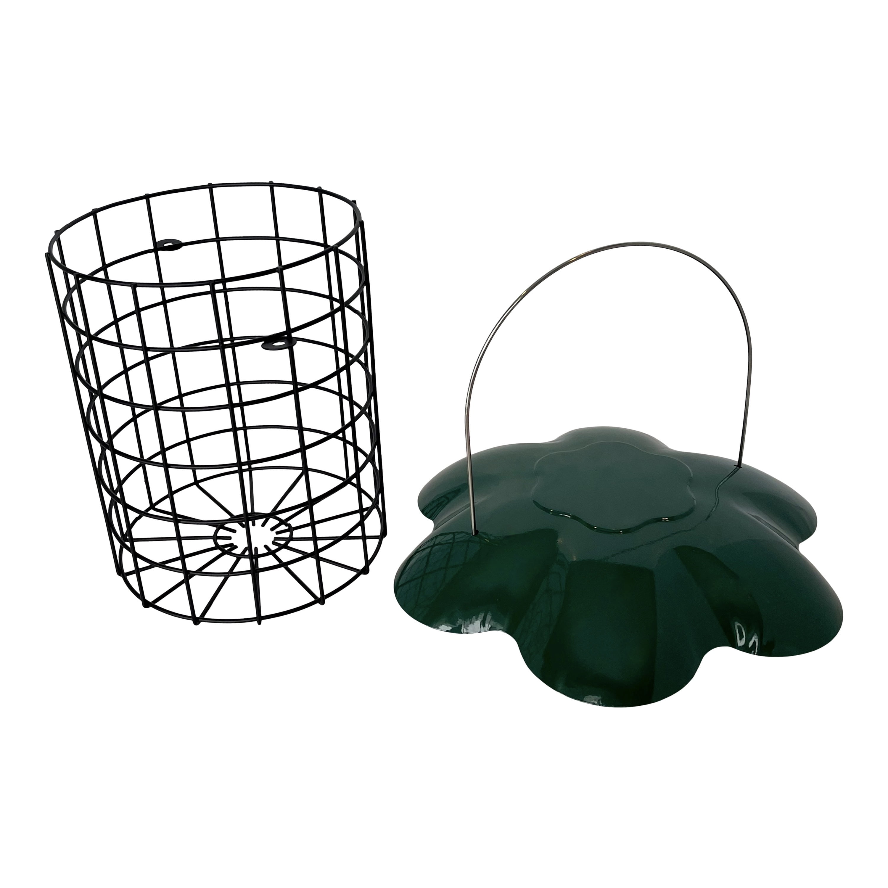 Backyard Essentials Large Seed or Suet Log Caged Feeder - Metal Suet Cage Cylinder Bird Feeder with Green Slide Down Protective Roof