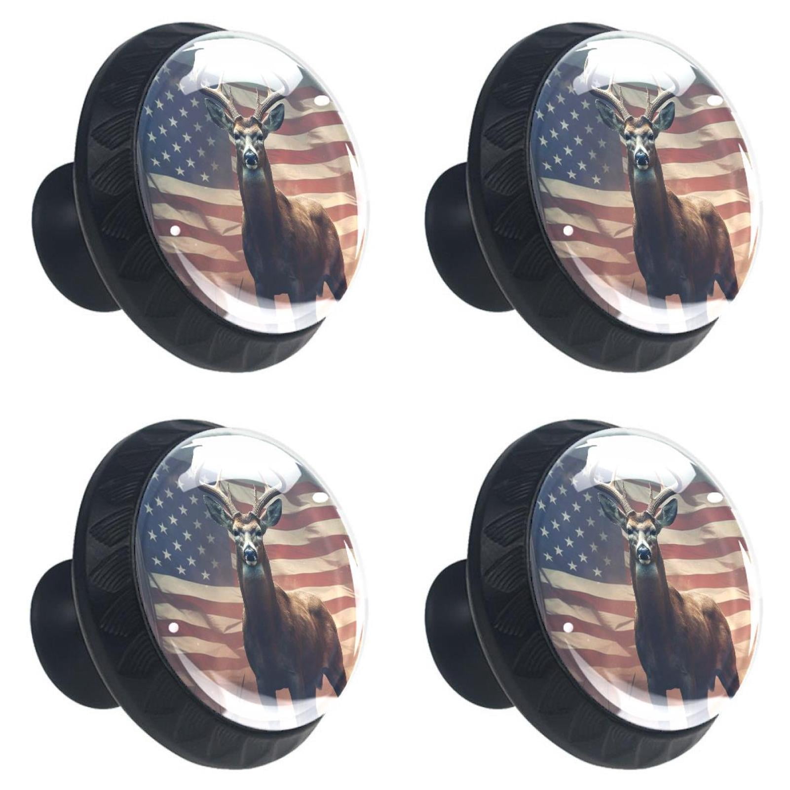 4 Pcs Deer and American Flag Knobs for Kitchen Cabinet Cupboard Dresser Bookcase Drawer Pulls Handles Round Home Decor