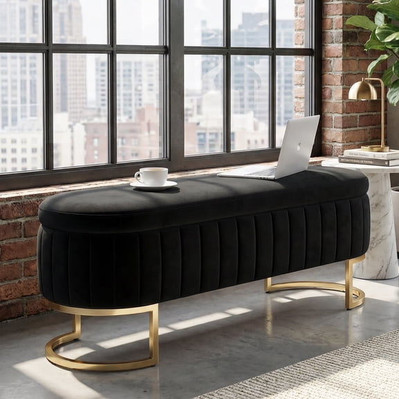 65" Storage Bench with Gold Legs,Velvet End of Bed Bench for Living Room, Window, Entryway
