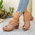 thumbnail image 2 of Mules Sandals for Women Trendy Embroidery Buckle Strap Chunky Heeled Slides Slip on Peep Toe Backless Heels Brown Size 9, 2 of 5