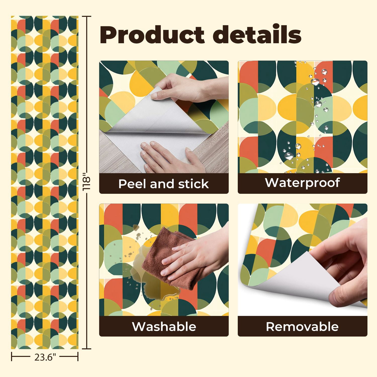 Peel and Stick Wallpaper 23.6in x 9.8ft 60 s 70 s retro seamless vintage style mid century modern Contact Paper Vinyl Waterproof Self Adhesive Wall Paper for Bedroom Shelf Cabinet Renter Friendly