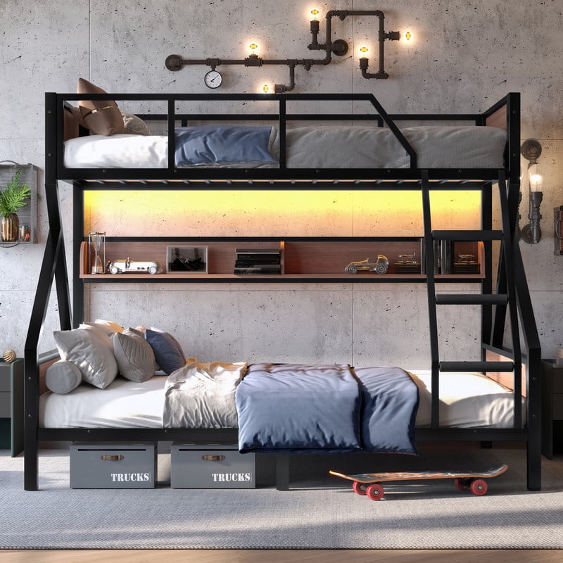 Twin XL over Queen Size Metal Bunk Bed, Kids Teens Chic Bed Frame with Bedside Storage Shelves and LED Light Strip