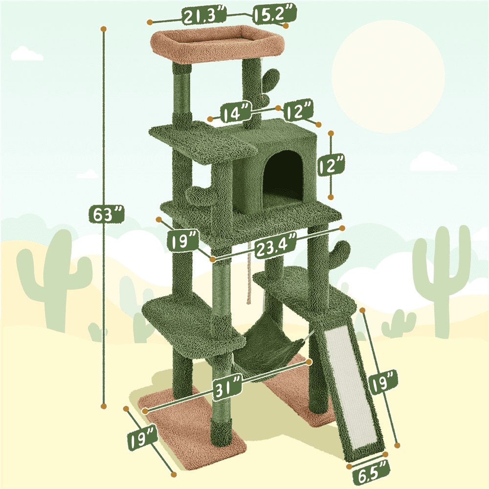 Alden Design 63″ H Multi-Level Cactus Cat Tree with Natural Sisal & Hanging Ball, Green/Brown
