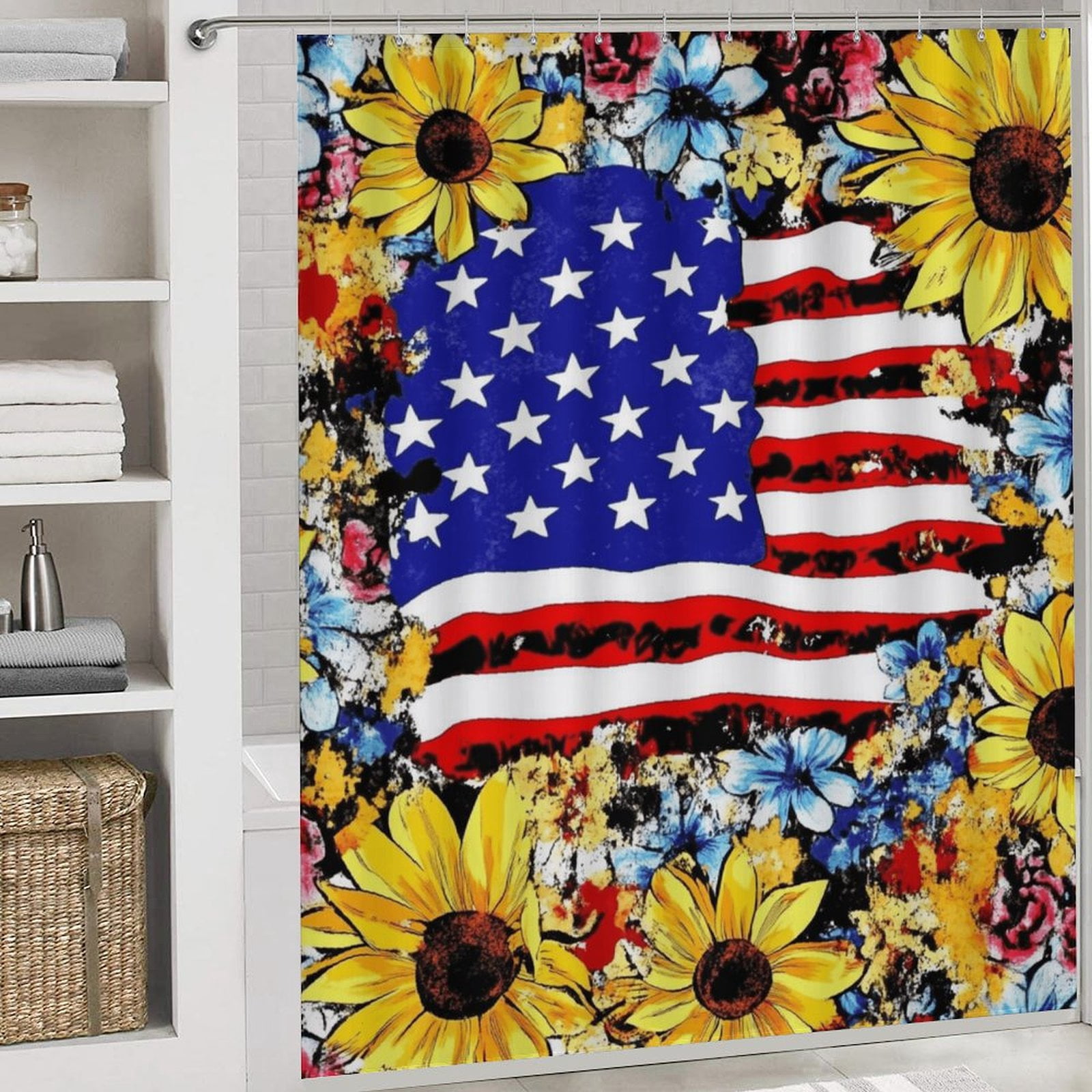 4th of July 4 Pcs Shower Curtain Set with Rug Bathroom Sets with Waterproof Fabric And Non-Slip Rugs Toilet Lid Cover Bath Mat Decor with Hooks