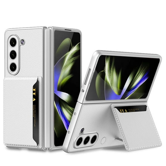 Compatible with Samsung Galaxy Z Fold 5 Wallet Case with Kickstand Leather Shockproof Business Case-Silver