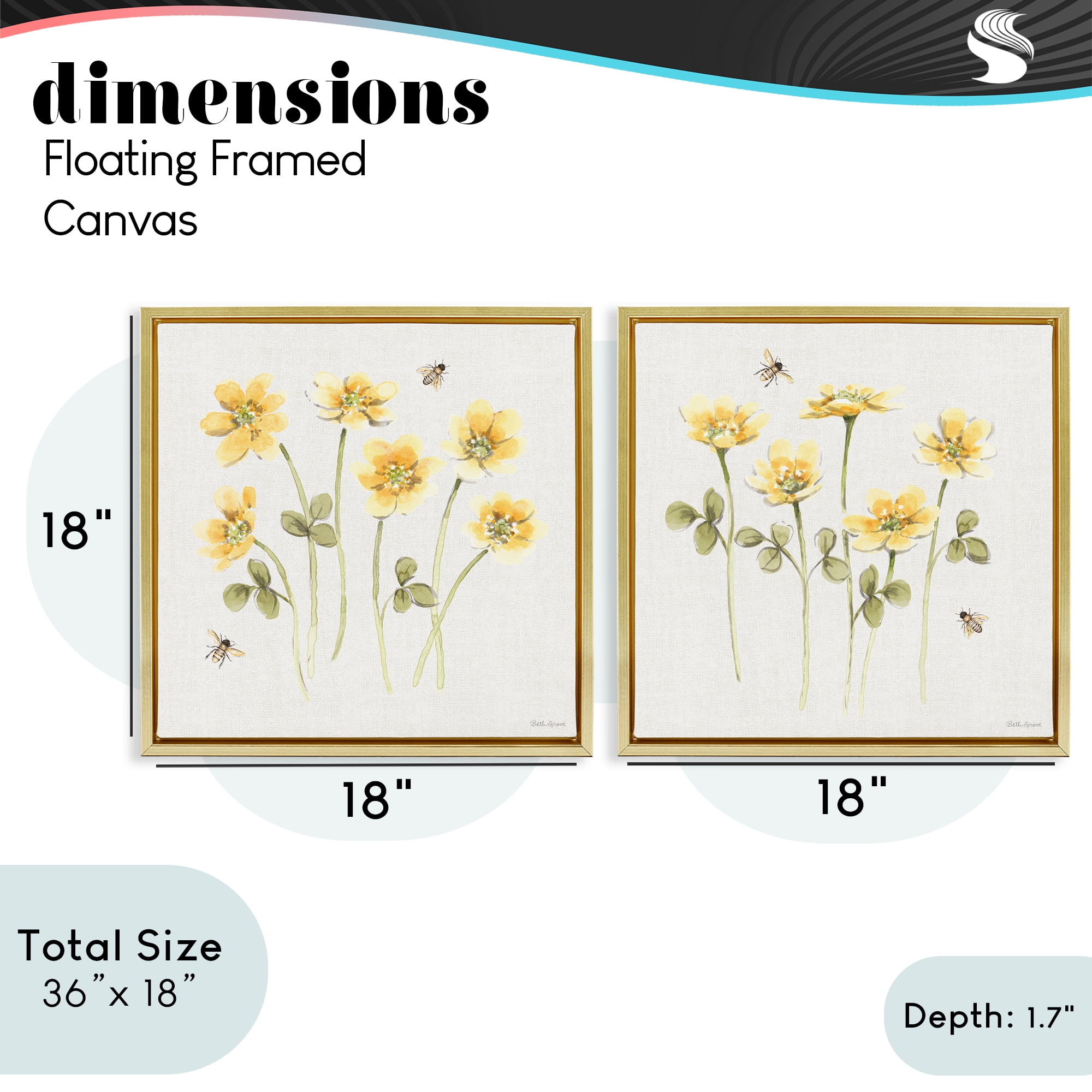 Stupell Industries Sweet Honey Flowers & Bees 2 Piece Gold Framed Floater Canvas Set, design by Beth Grove