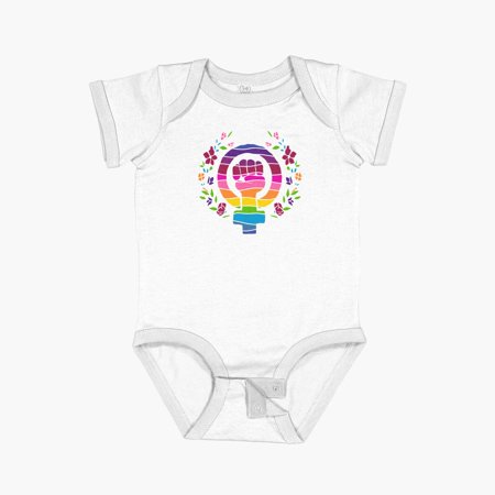 Bella Canvas Feminist Symbol With Rainbow Stripes And Daisies Short Sleeve Baby One-Piece Newborn Gender Neutral Outfit, Baby Boy Or Girl Bodysuit, Birrthday Gifts