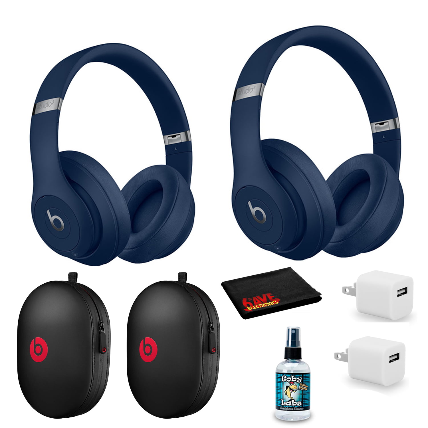 Beats by Dr. Dre Studio3 Wireless Bluetooth Headphones (Blue / Core) 2 pack  Kit with USB adapters