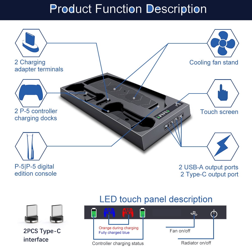 Multifunctional Cooling Stand for PS5 Digital & Disc Edition Game Consoles, Controller Charger, Headphone Hook Storage Holder Base Accessories-Black