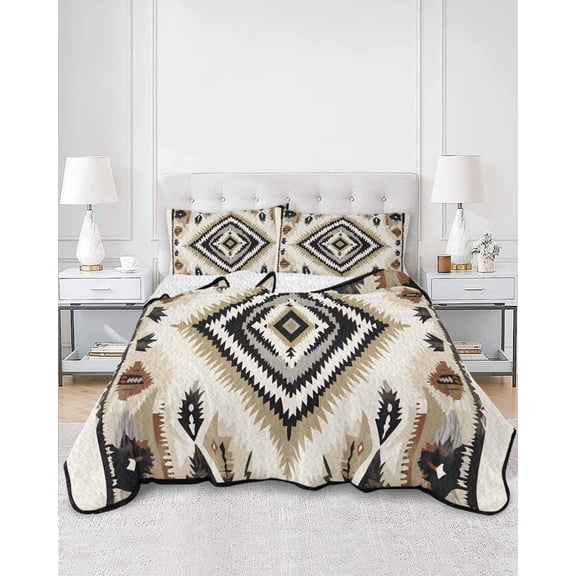 Quilts Twin XL Size, Boho Black Brown Soft Comforter Bedding Set for Bed, Vintage Geometric Southwestern Ethnic Lightweight Quilted Bedspread with Pillow Cover(2 Pieces) for All Season, 68x98 Inch