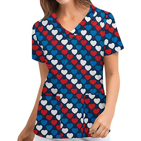 

Danhjin 4th of July Nursing Scrub Tops for Women Patriotic Flag Print Working Uniform Short Sleeve V Neck Workwear Blouse T-shirt with Pockets - Summer Deals