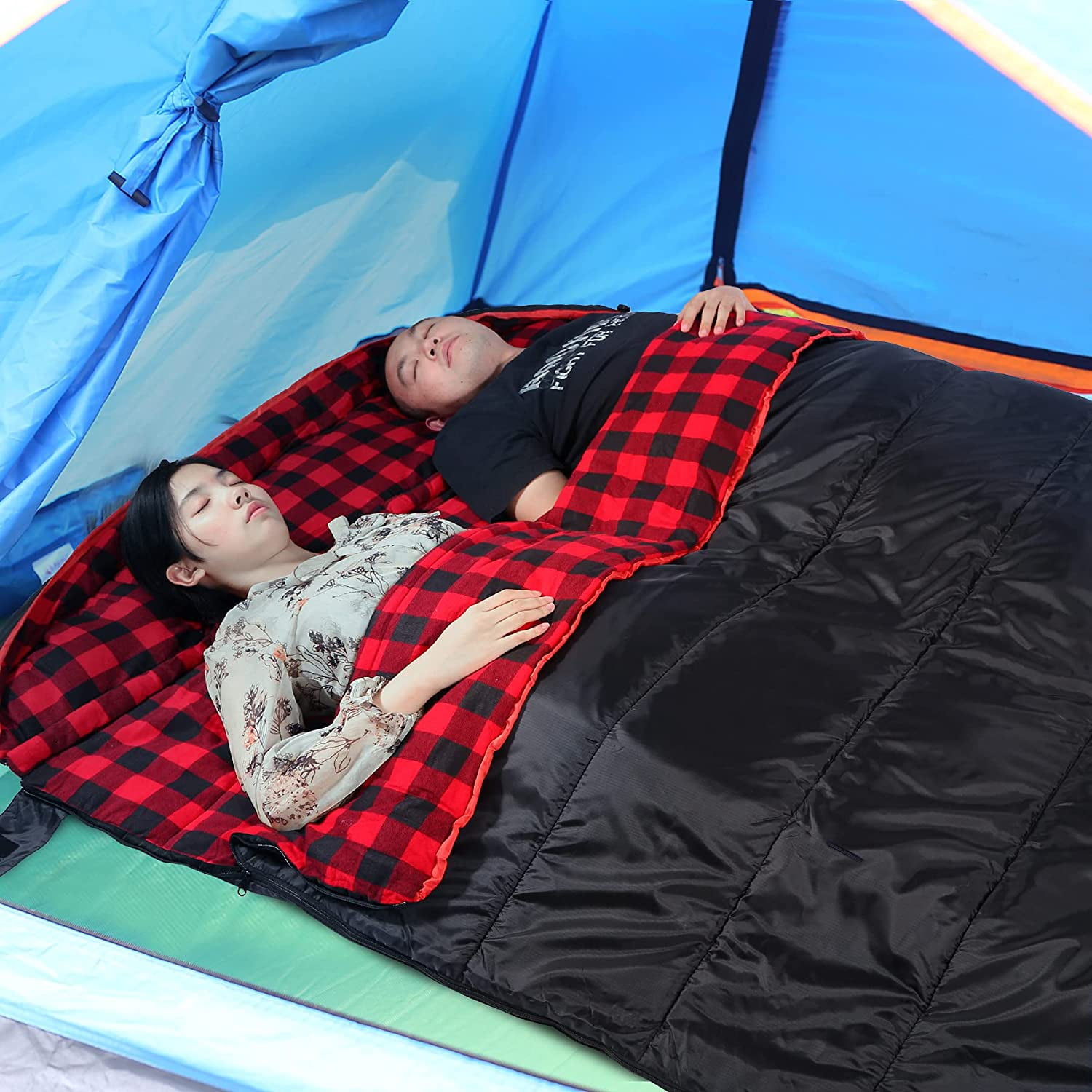 REDCAMP Cotton Double Sleeping Bag for Adults, 2 Person Cold Weather Queen Size Flannel Sleeping Bags for Camping, Black/Navy Blue