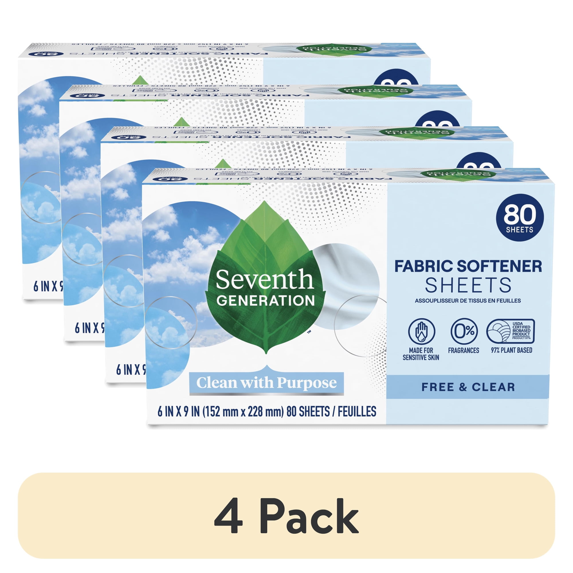(4 pack) Seventh Generation Fabric Softener Dryer Sheets, Free and Clear, 80 Count