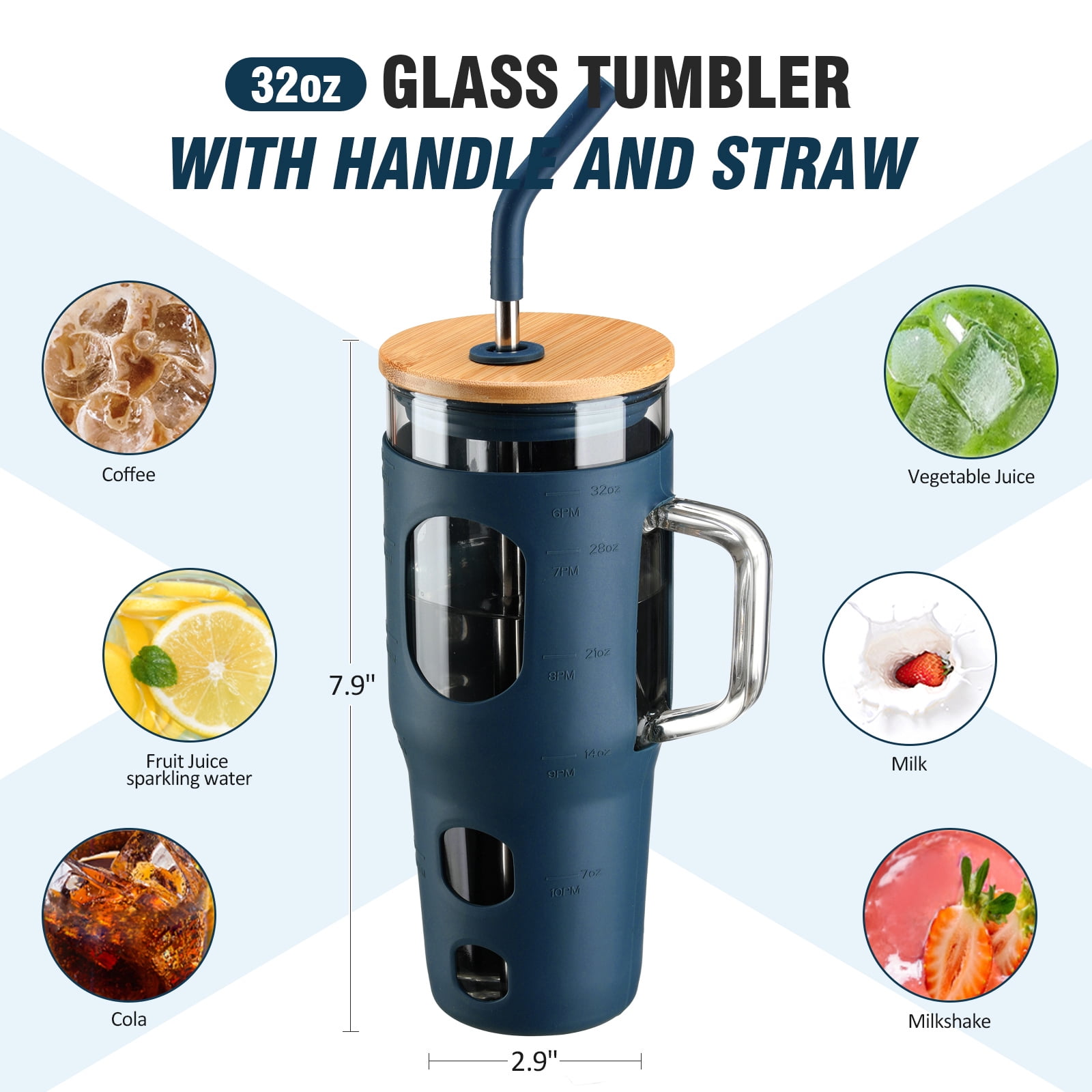 MUKOKO 32 oz Glass Tumbler , Glass Water Bottle with Capacity Marker and Silicone Sleeve, Iced Coffee Drinking Cup with Straw and Lid, Leakproof Suitable for Cup Holders, Blue