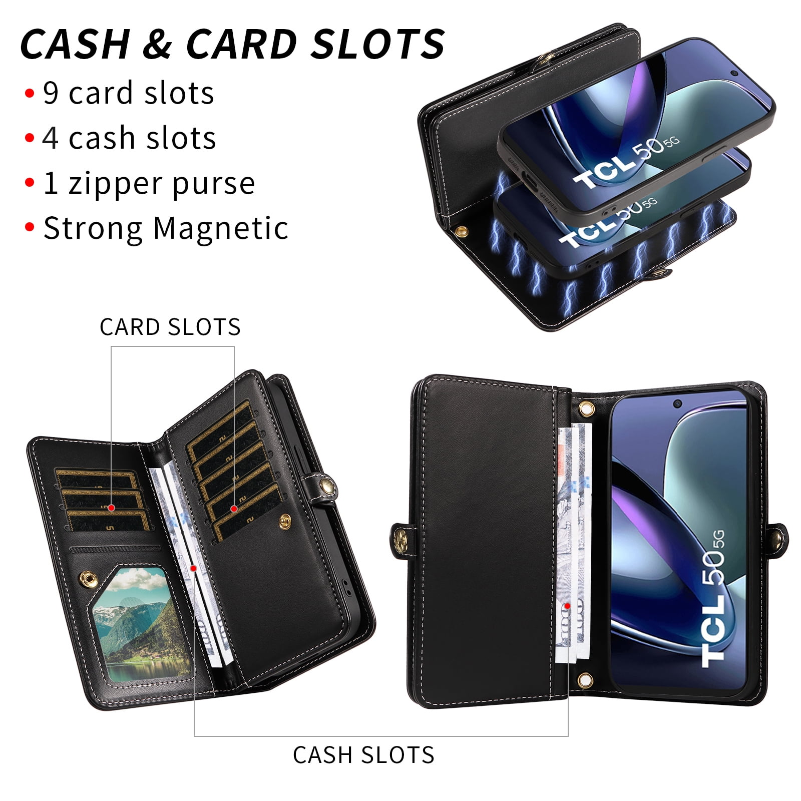 Asuwish Phone Case for TCL 50 5G/50 XE NXTPAPER/50 XE 5G Zipper Wallet Detachable Cell Cover with Tempered Glass Screen Protector Crossbody Lanyard Strap Glitter Flip Card Holder Slot Women Black