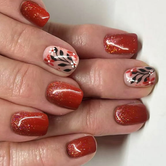 Sturdy Removable Fake Nails Red Brown Design, Modern Leaf Art Press On Tips for Winter Occasions (24pcs)