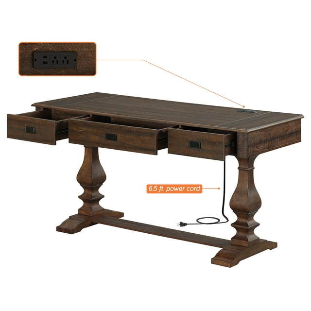 WAMPAT 59-inch Executive Desk with Charging Station, 3 Drawers, Farmhouse Office Desk for Home Study, Durable Wood Computer Table, Brown
