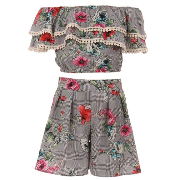 Little Girls Off Shoulder Tops Short 2 Pieces Party Summer Clothing Pant Set Coral 4 (J21KS31)