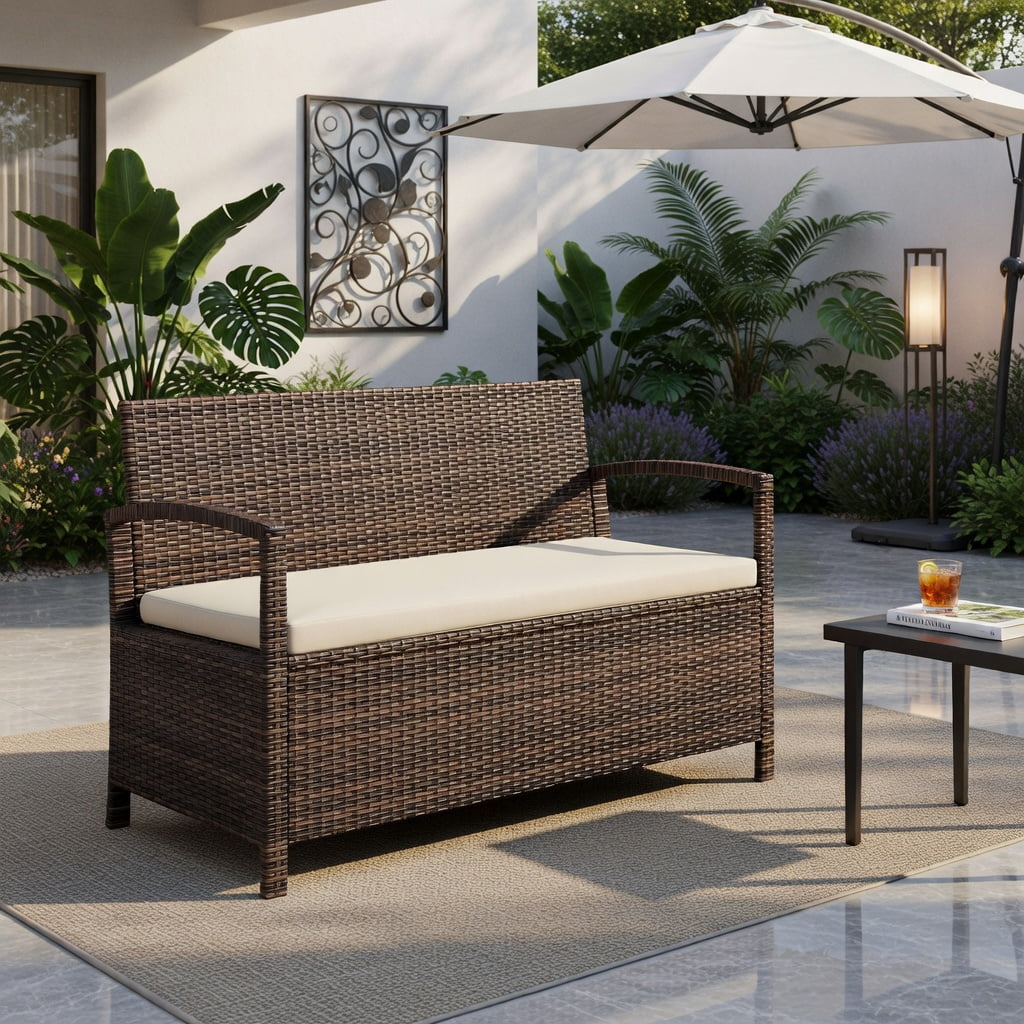 Hommoo Outdoor PE Wicker 2-Person Storage Bench with Beige Cushion, 42-Gallon Waterproof Deck Box for Patio, Garden & Poolside, Natural