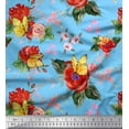 thumbnail image 1 of Soimoi Blue Cotton Duck Fabric Leaves,Insect & Poppy Watercolor Print Fabric by Yard 42 Inch Wide, 1 of 1