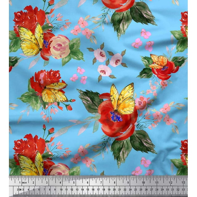 Soimoi Blue Rayon Fabric Leaves,Insect & Poppy Watercolor Printed Fabric 1 Yard 56 Inch Wide