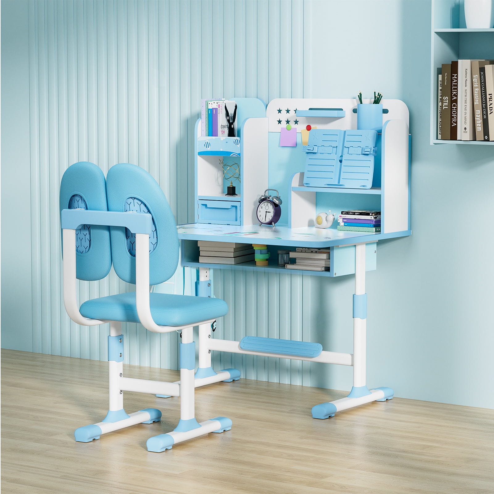 AurumEdge Kids Study Desk Chair Set, Ergonomic Desk Chair with Book Stand, Height Adjustable Children School Study Table Chair Set with Sitting Corrector, Foot Pedal, Partition Design (Blue)