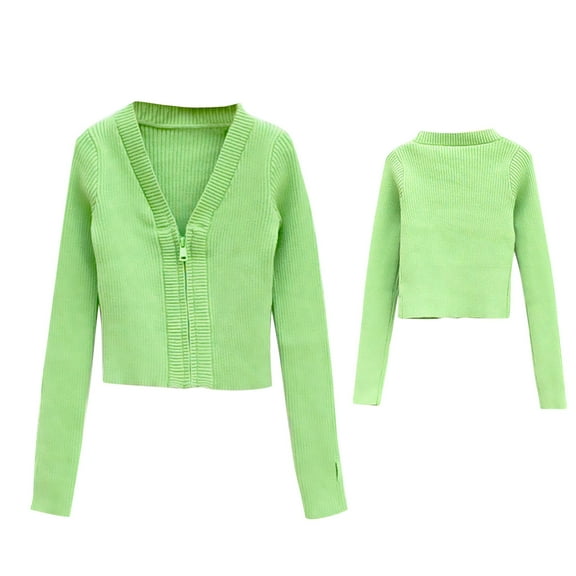 LIaqionyy Girls Cardigan Sweaters Long Sleeve Cropped V Neck Solid Color Zip up Sweater Knitted Outerwear