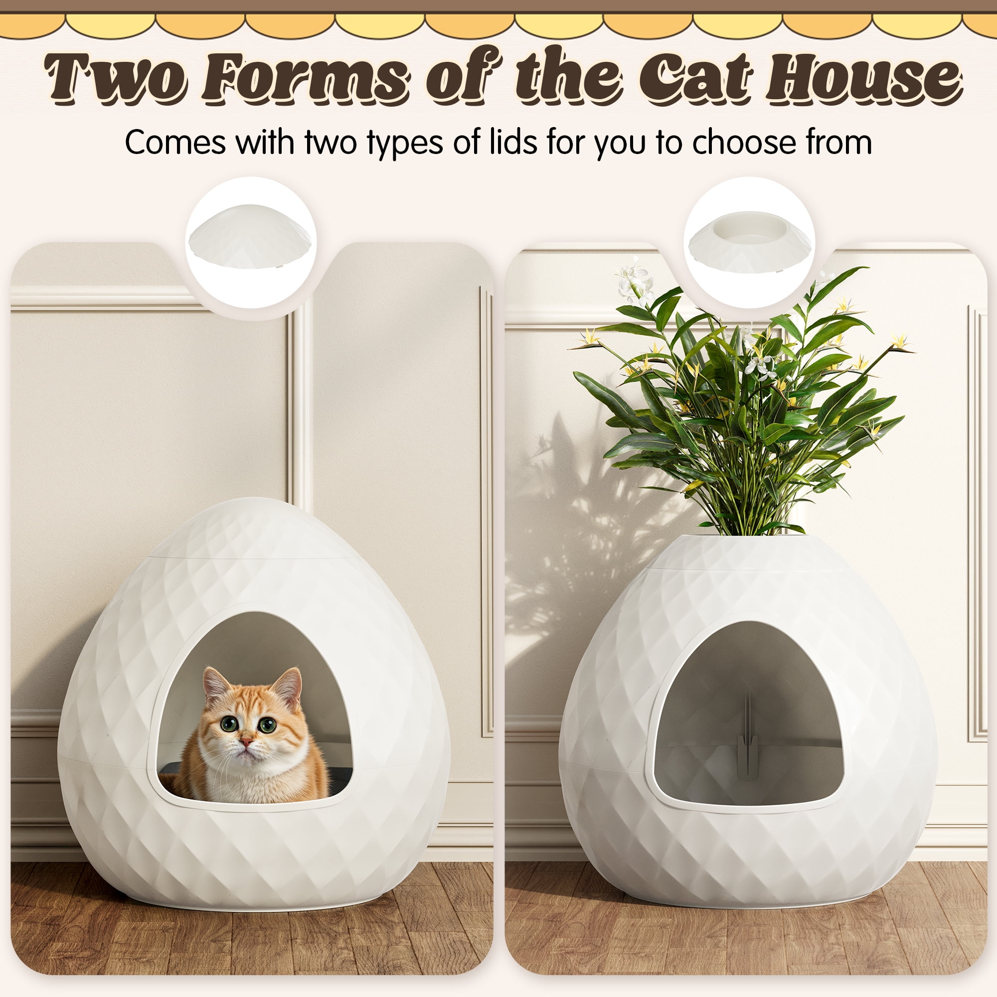 Bifanuo Cat Litter Box Enclosure Hidden Litter Box with Removable Planter Top, Egg-Shaped Resin Design, Tool-Free Quick Assembly,Multi-Functional for Living Room Indoor, White