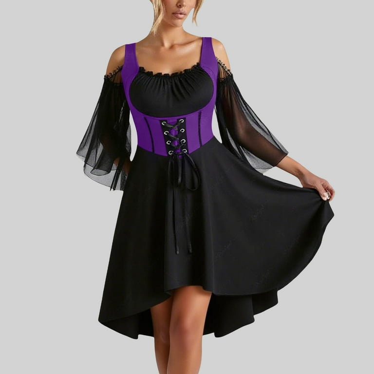 QATAINLAV Women's Punk Rock Dress with Cold Shoulder & Bell Sleeve Gothic  Lace-Up A-Line Cocktail Dresses Halloween Costumes, Purple, L - Walmart.com