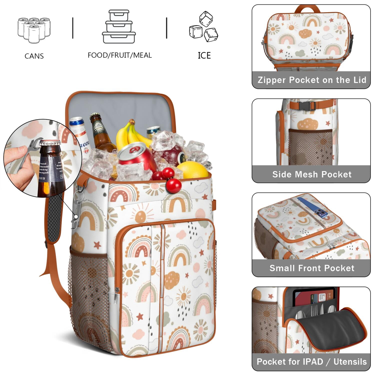 Camping Cooler Backpack 26 Cans,Soft Backpack Coolers Insulated Leak Proof Travel Cooler Bag Waterproof Lunch Picnic Beach Work Trip Thermal Bag Drink Beverage Beer Bag Cooler Rainbow Cartoon