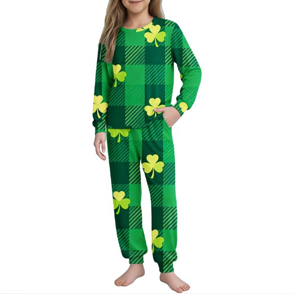 Virmaxy St Patricks Day Printed Long Sleeve Shirt Pants Set Soft Round Neck Casual Outfit for Holiday Celebration and Home Wear, for 5-16 Years Green