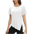 thumbnail image 2 of Women's Short Sleeve Workout Shirts Crewneck Yoga Running Tops Side Split High Low Hem Gym Tees Sportswear (XL, White), 2 of 7