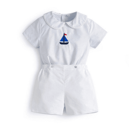 

Boys Nautical Summer Embroidered Sailboat Collared Top and Shorts Set 4T