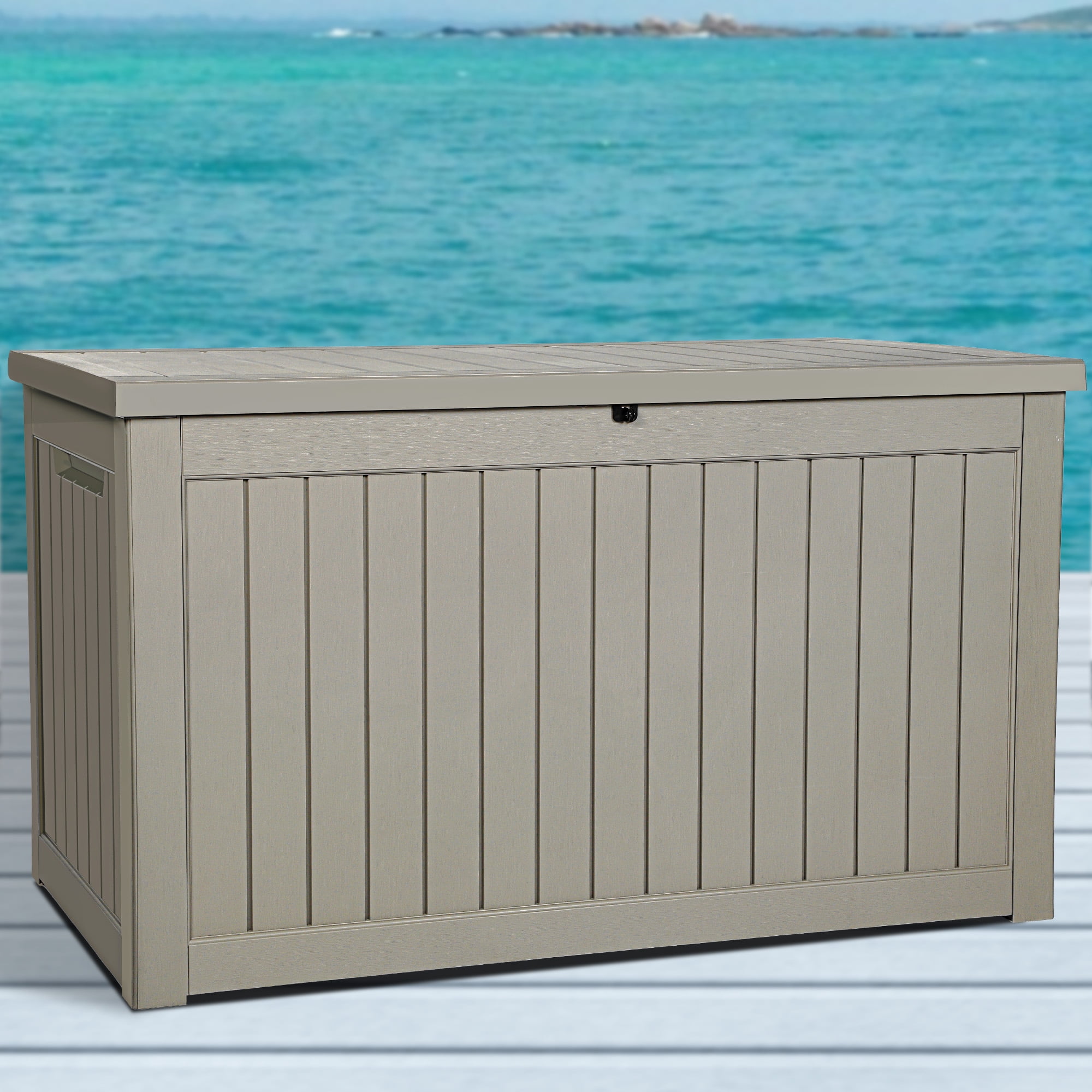 Dextrus 230 Gallon Outdoor Storage Deck Box for Patio Garden,  Weatherproof, Secure Locking (Taupe)