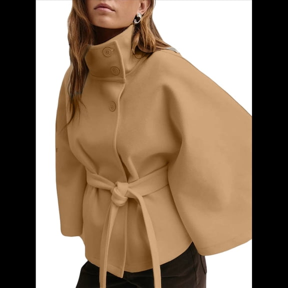 Women Batwing Sleeve Ponchos Pea Coat Wool Stand Collar Belt Capes Jacket Winter Cropped Overcoat Khaki M