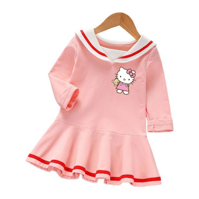 Hello Kitty-Vestido de manga larga con volantes para niña, ropa de algodón para bebé, falda bonita de estilo universitario, primavera y otoño, novedad