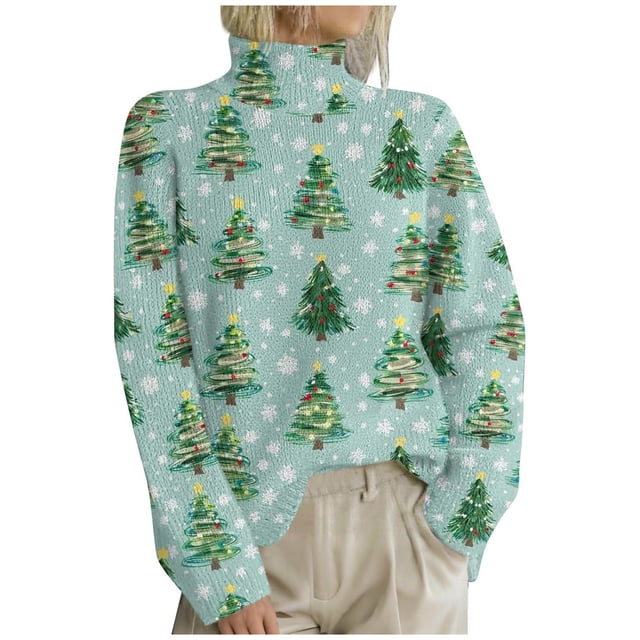 HOWPAY Chandails de Noël pour Femmes Décontractés Légers Chemises Imprimées Xmas Manches Longues Col Rond Chandail de Vacances Hauts Confortables Doux Coupe Ample Vêtements Y2K Vert G