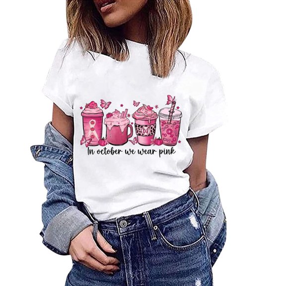 Lilgiuy Breast Cancer Awareness T-Shirt for Women Plus Size Round Neck Graphic Tees Casual Loose Short Sleeve Tops Gifts for Her