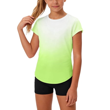 yardsong Athletic Shirts for Girls Short Sleeve Active T Shirts Sports Crewneck Gradient Color Tops Kids Teens Gym Workout Summer Tee Green 12 Years