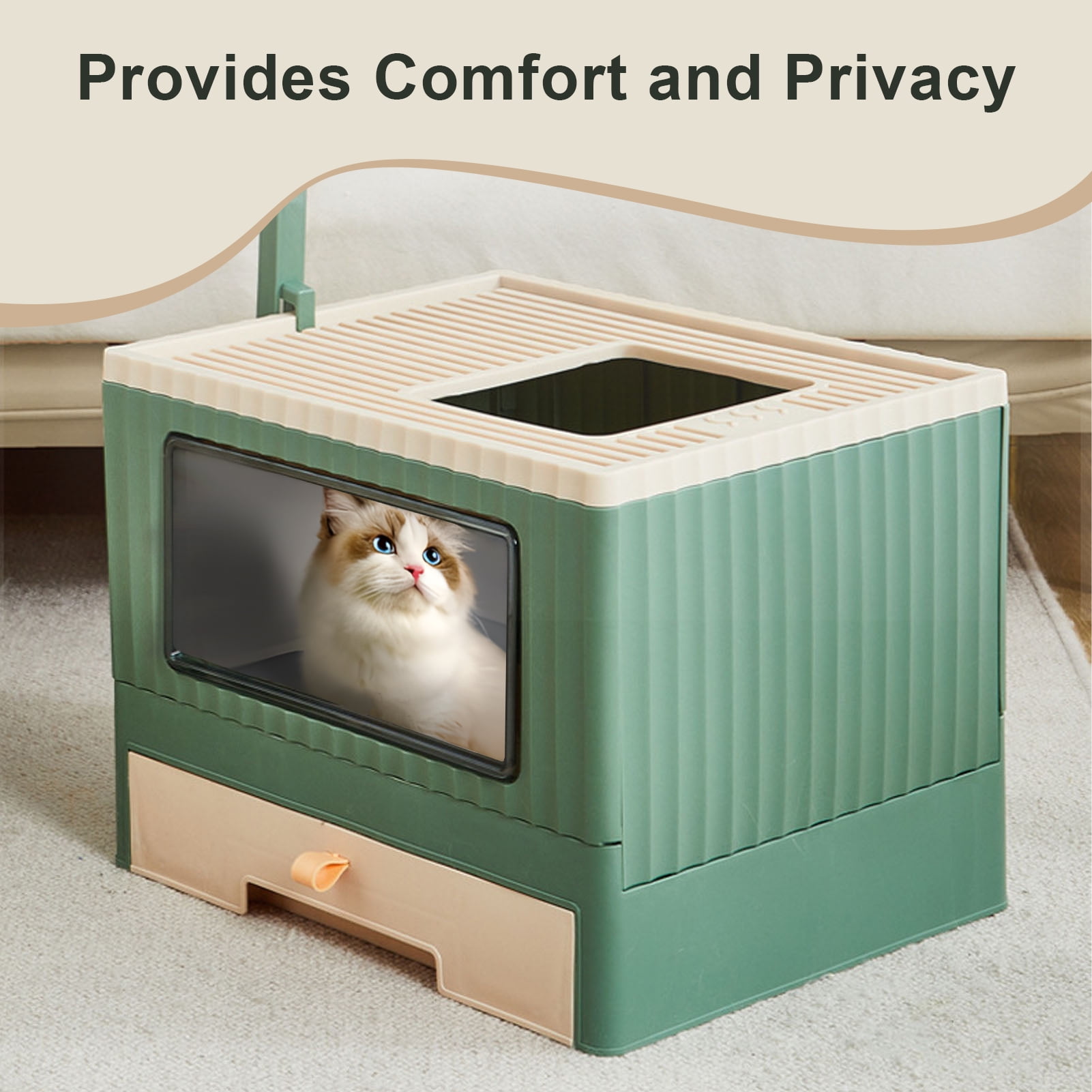 Mgaxyff Enclosed Cat Litter Box Large with Lid Cover&Litter Scoop Foldable Cat Toilet Cat Self-Grooming Side Panel w/ Easy Cleaning Tray