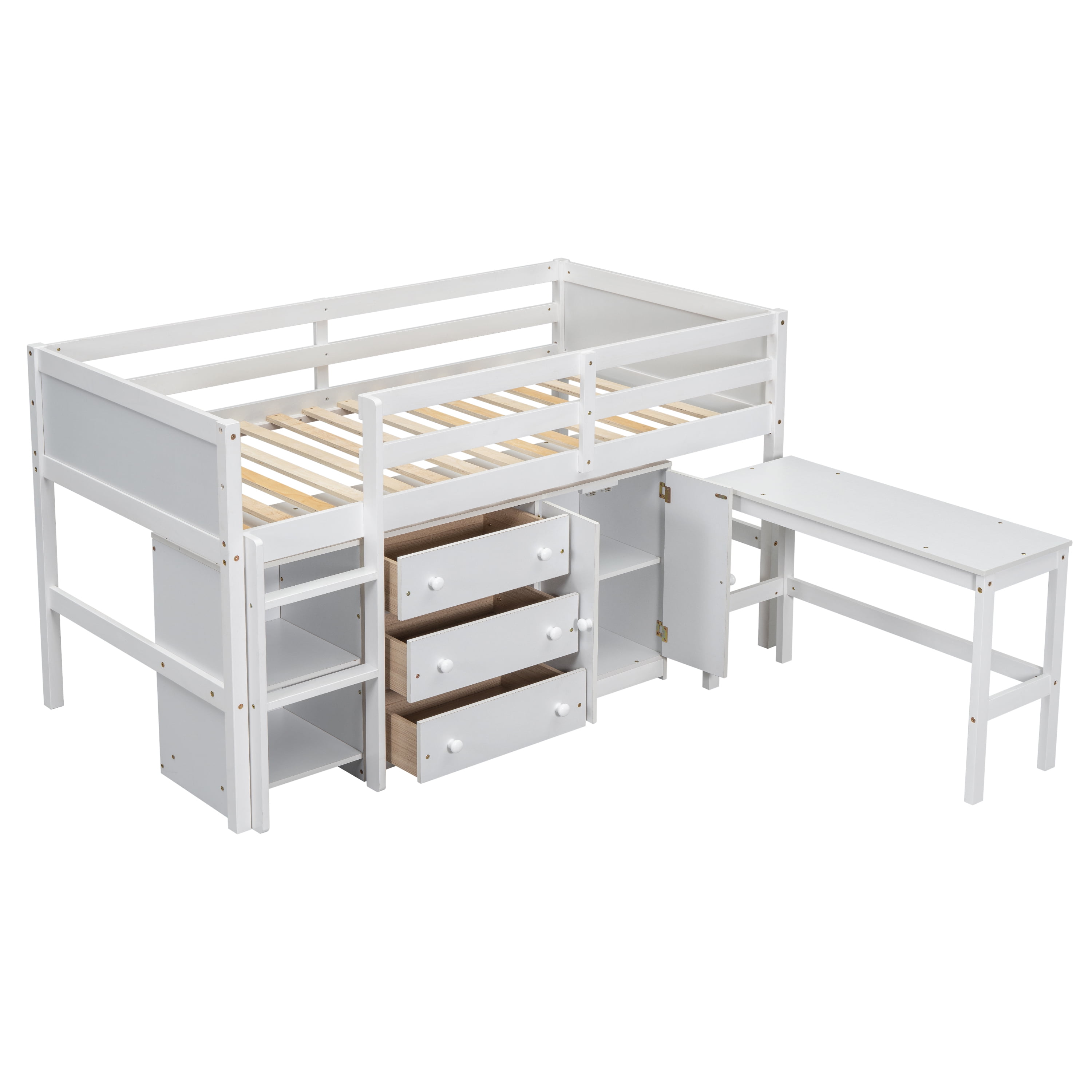 Euroco Wood Twin Size Loft Bed Frame with 3 Drawers, Portable Desk and Shelves for Kids
