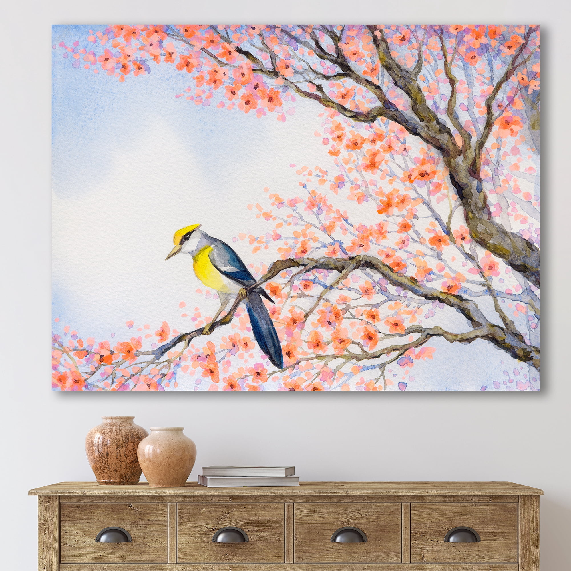 Designart ' Beautiful Blue Bird Sitting On Flowering Branch I ' Traditional Canvas Wall Art Print