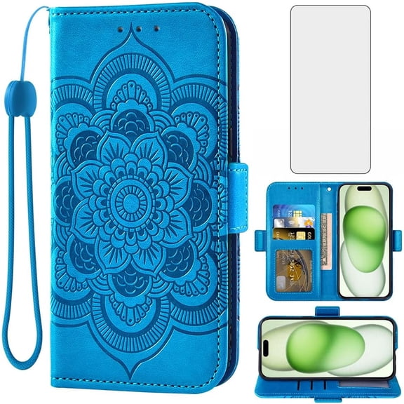 Compatible with iPhone 15 Plus 6.7 inch Wallet Case and Tempered Glass Screen Protector Flip Card Holder Cell Phone Cover for i-Phone 15 iPhone15Plus 5G i i15 iPhone15 15Plus Women Men Blue
