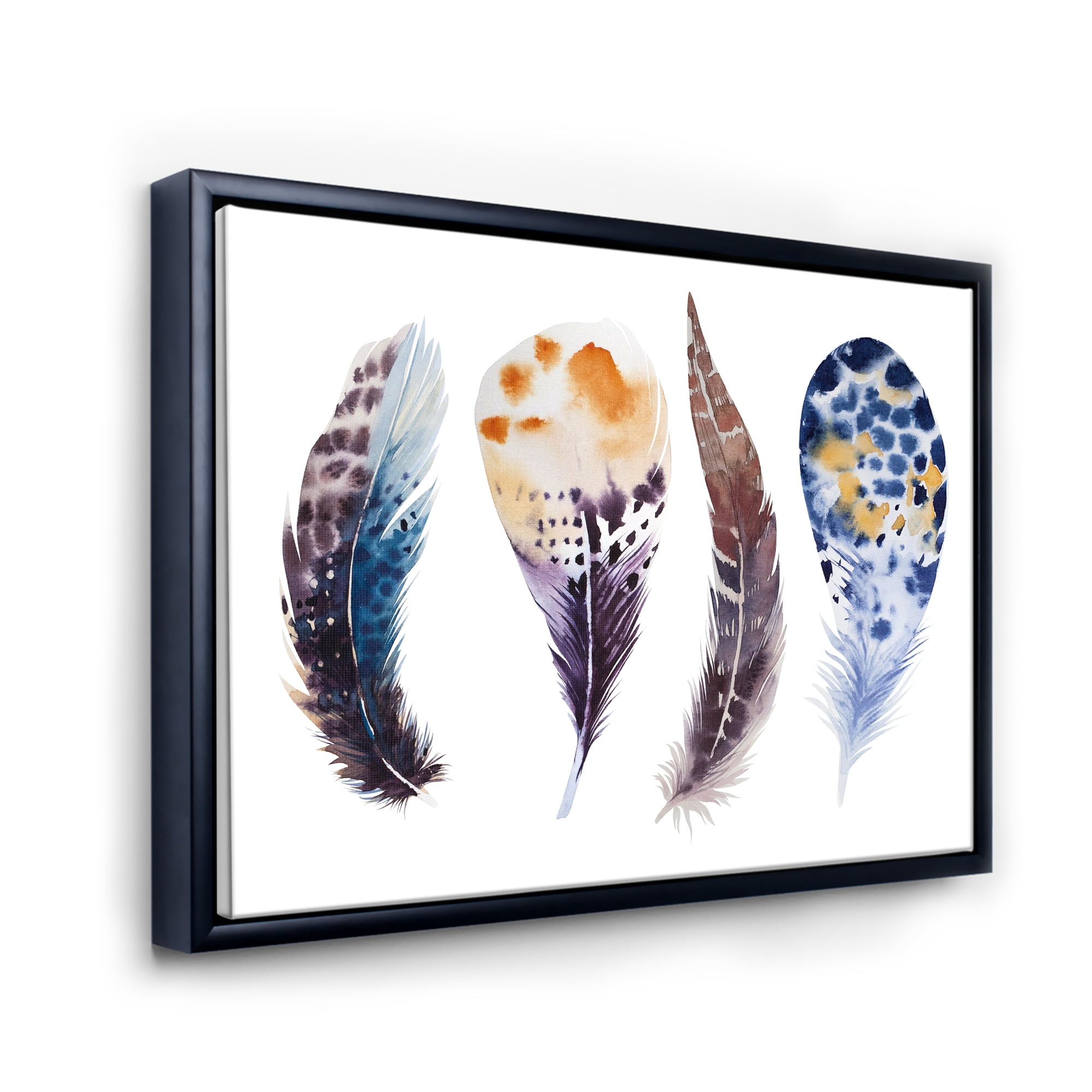 Designart 'Colourful Boho Feather Set On White VIII' Bohemian & Eclectic Framed Canvas Wall Art Print