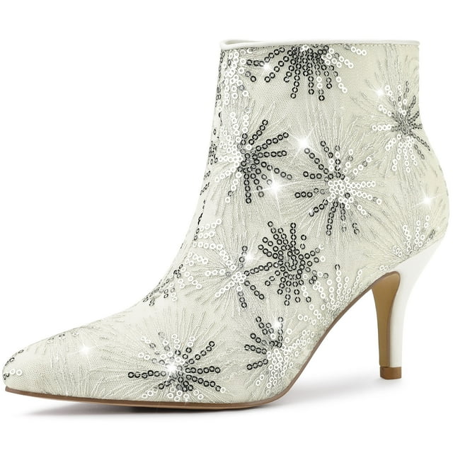Unique Bargains Bottines à Talons Hauts en Dentelle à Paillettes pour Femmes
