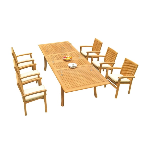 Grade-A Teak Dining Set: 6 Seater 7 Pc: 118" Rectangle Table And 6 Wave Stacking Arm Chairs Outdoor Patio WholesaleTeak #51WV2407